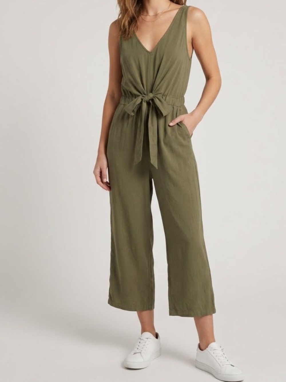 JOLIE Jumpsuit Olive Green Tie Front Cropped Relaxed Fit Sleeveless Small